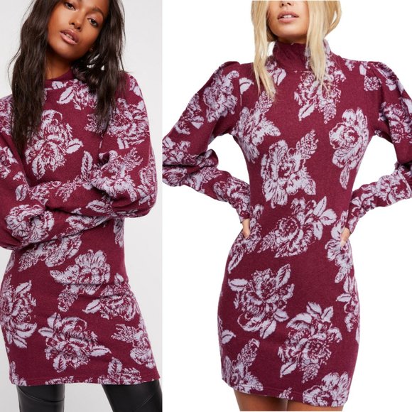 FREE PEOPLE Dress Long Sleeve Mini Sweater Wool Mock Neck Floral Boho Wine XS - Picture 8 of 10